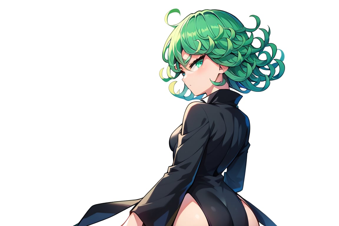 score_9,score_8_up,score_7_up,score_9,score_8_up,score_8,ultra detailed,beautiful face,highres BREAK ,Tatsumaki171,green eyes,green hair,black dress,short hair,tatsumaki,,long sleeves,cowboy shot,from behind,looking back,

 ,(( white background, blank background)),