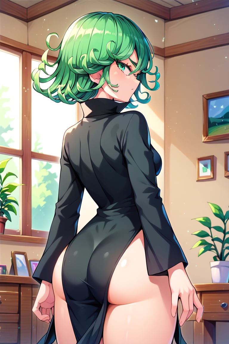 score_9,score_8_up,score_7_up,score_9,score_8_up,score_8,ultra detailed,beautiful face,highres BREAK ,Tatsumaki171,green eyes,green hair,black dress,short hair,tatsumaki,room,room background,long sleeves,cowboy shot,from behind,looking back,