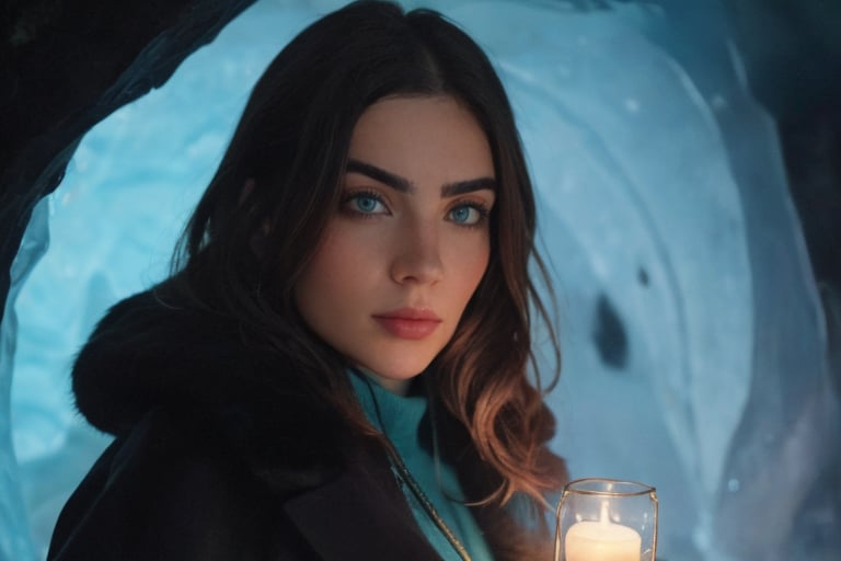 A cinematic, highly realistic, and detailed image of Jade Picon in an ice cave. Jade Picon is exploring ice formations with a lantern, facing the viewer directly. The scene should have sharp, clear details with a cold, blue glow.
