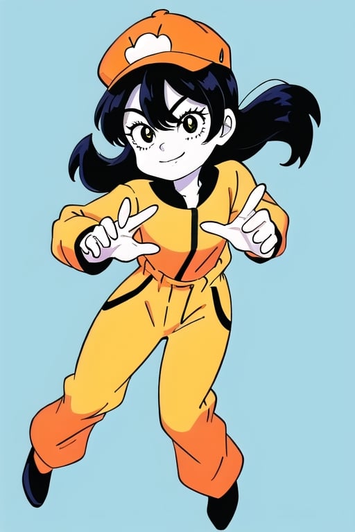 2D animation, best quality, highres, vibrant colors, simple background, ground-eye level perspective; transparent background, flat lighting, full body shot; (front shot) of a smilling woman worker, wearing orange jumpsuit, black hair, orange cap; stylized character, cartoon network style, expressive face, dynamic pose, modern cartoon character, high contrast shading; (anime style:0.8), flat color, anmnr.
