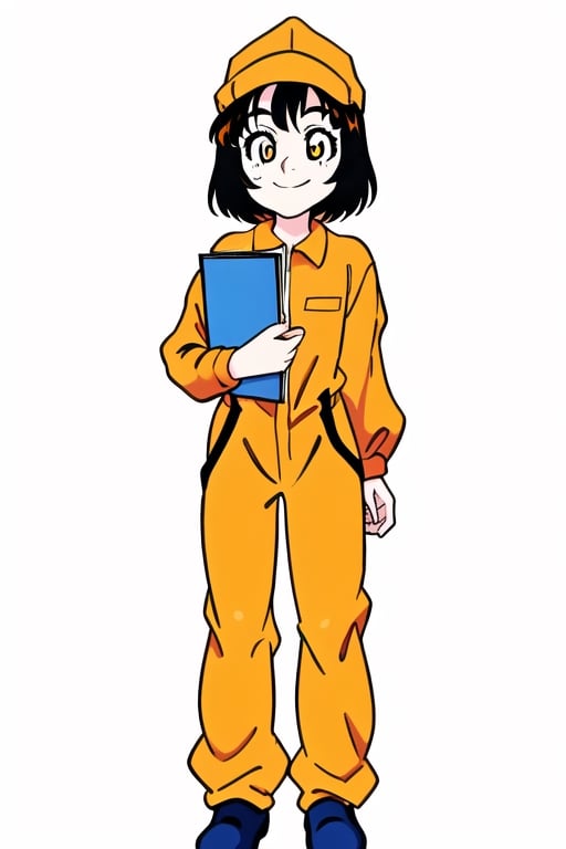 illustration childrens book, best quality, highres, source_cartoon, simple background, ground-eye level perspective; transparent background, flat lighting; (a full body shot | front shot) of a smilling woman worker, wearing orange jumpsuit, black hair, orange cap; (anime style:0.8), flat color, anmnr.