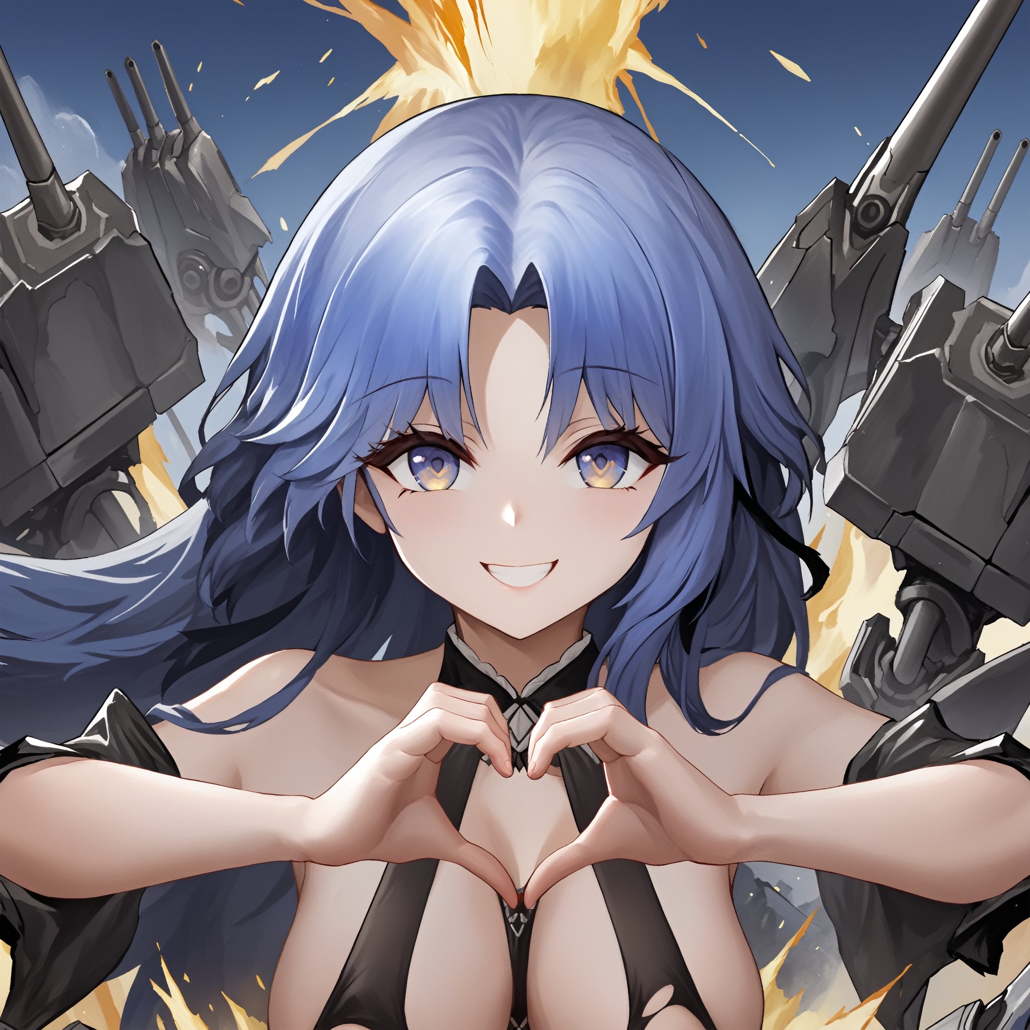 azur lane meta style, score_9, score_8_up, score_7_up, 1girl, solo, upper body, portrait, bikini, torn clothes, heart hand, charming smile, look at viewer, BREAK mechanical turret, robot, dust, detailed background, detailed middle ground,alsace_(azur_lane)