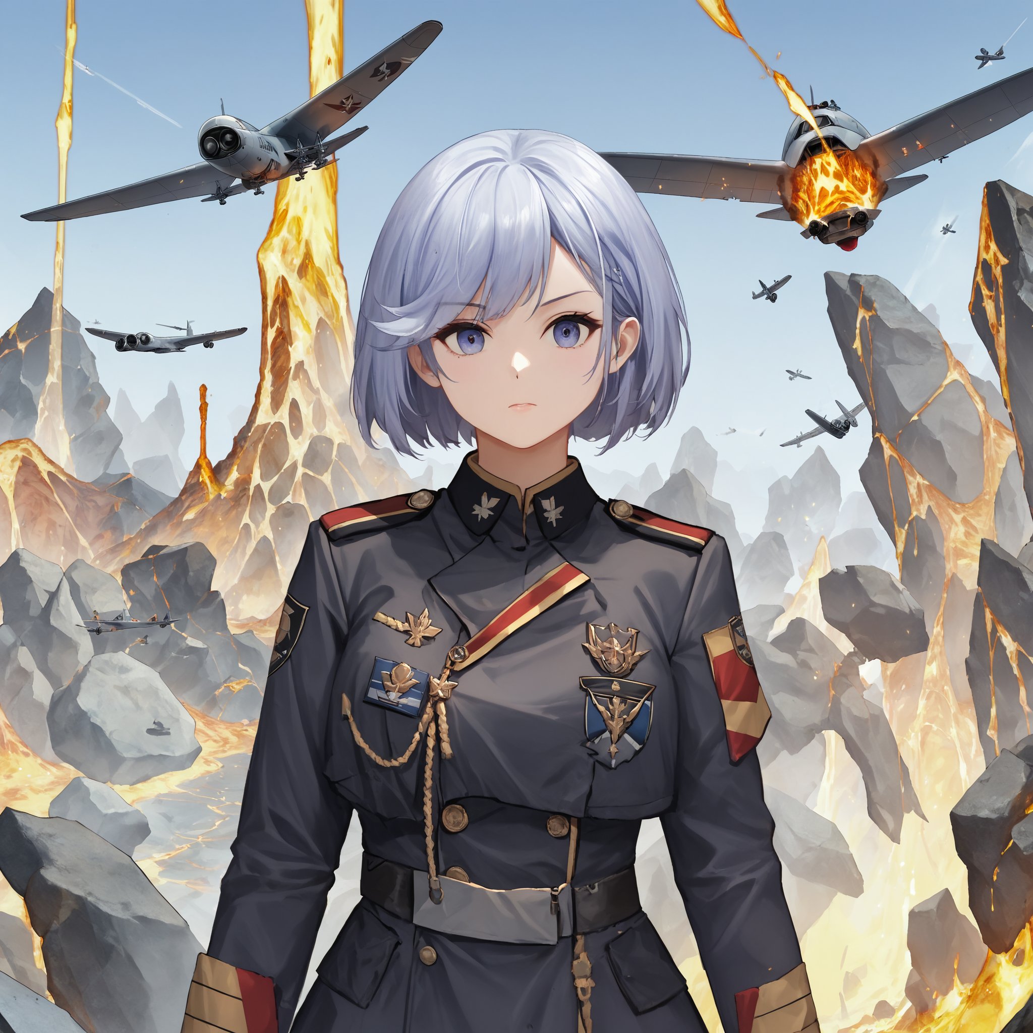 azur lane meta style, score_9, score_8_up, score_7_up, 1girl, solo, upper body, portrait, military uniform, torn clothes, BREAK flight deck, aircraft, robot, molten rock, detailed background, detailed middle ground