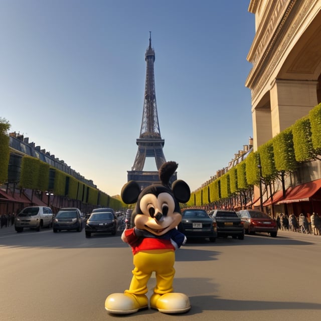 A majestic depiction of a life-sized Blue Mickey Mouse standing triumphantly on the iconic Champs-Élysées boulevard, surrounded by the City of Love's charming atmosphere. The Red Mascot's gleaming fur glistens under the soft, golden glow of late afternoon sunlight, while the Eiffel Tower rises majestically in the background, its iron latticework shimmering with a warm, honey-like tone. The subject stands confidently, one paw placed slightly ahead of the other, as if embracing the beauty and romance of the French capital.