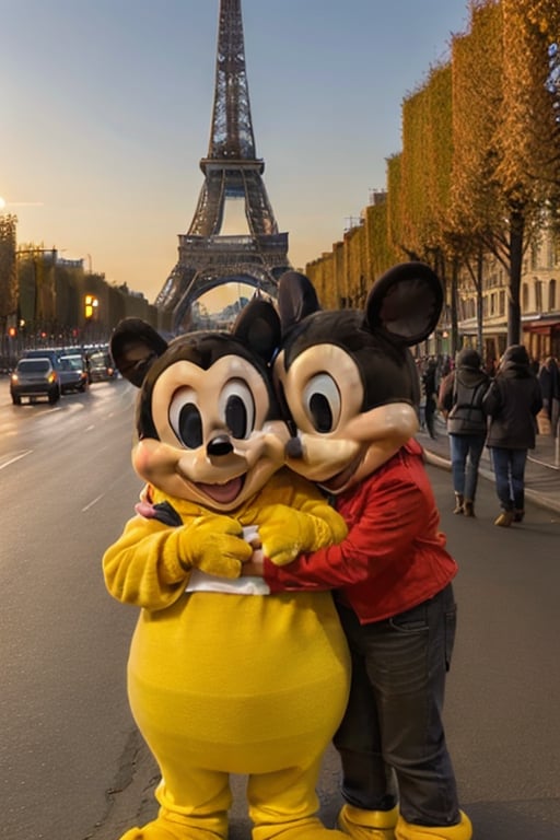 A majestic depiction of a life-sized Blue Mickey Mouse standing triumphantly on the iconic Champs-Élysées boulevard, surrounded by the City of Love's charming atmosphere. The Red Mascot's gleaming fur glistens under the soft, golden glow of late afternoon sunlight, while the Eiffel Tower rises majestically in the background, its iron latticework shimmering with a warm, honey-like tone. The subject stands confidently, one paw placed slightly ahead of the other, as if embracing the beauty and romance of the French capital.