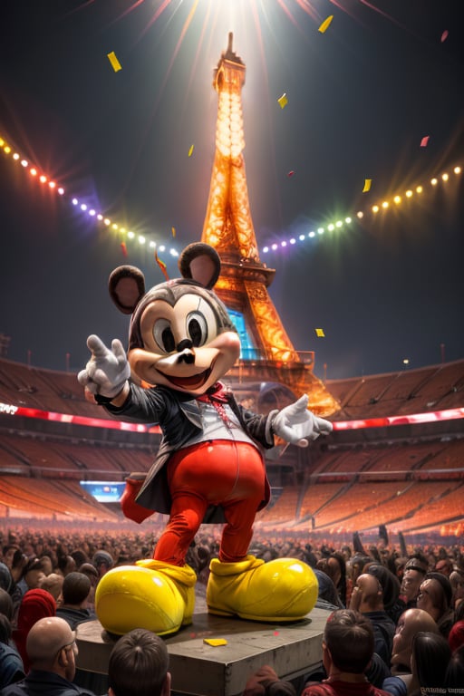 A majestic life-sized Mickey Mouse, dressed in a gleaming white and red uniform, marches proudly down the center aisle of the Olympic stadium. The iconic Eiffel Tower rises majestically behind him, its iron latticework glistening in the sunlight. Confetti and balloons swirl around Mickey as he waves to the cheering crowd, his gloved hand holding a giant torch aloft.