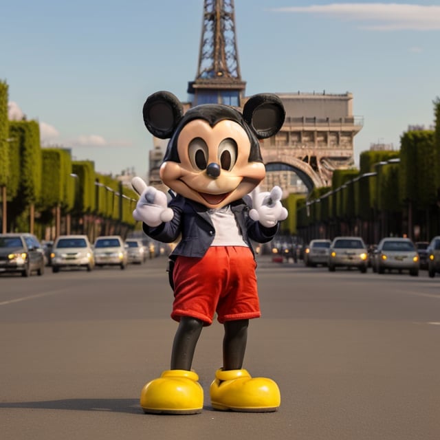 A majestic depiction of a life-sized Blue Mickey Mouse standing triumphantly on the iconic Champs-Élysées boulevard, surrounded by the City of Love's charming atmosphere. The Red Mascot's gleaming fur glistens under the soft, golden glow of late afternoon sunlight, while the Eiffel Tower rises majestically in the background, its iron latticework shimmering with a warm, honey-like tone. The subject stands confidently, one paw placed slightly ahead of the other, as if embracing the beauty and romance of the French capital.