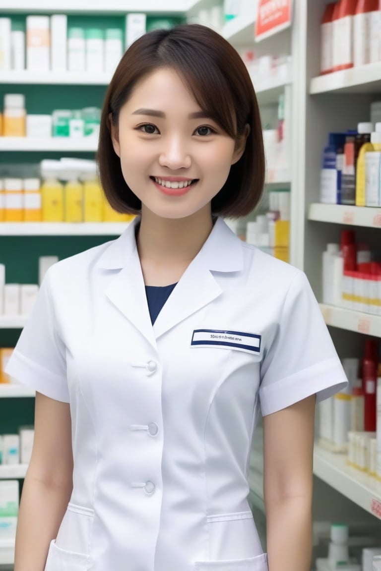 Alone, 1girl, full body shot front view of small skinny Asian woman wearing a white pharmacy uniform, close up, pharmacy store, shy smile, crowd, more reasonable Details,extremely detailed