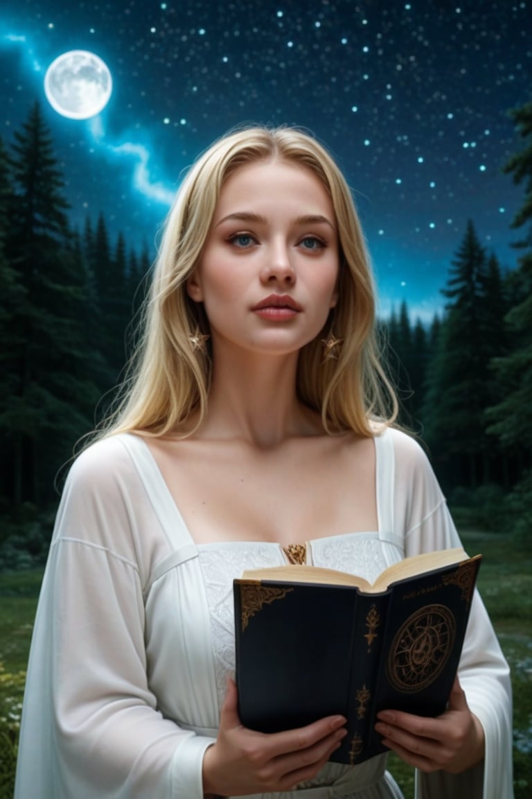 A beautiful witch wearing white robe, reading a grimoire in a starry night, in an enchanting forest, surrounded by mystical atmosphere and magical ambiance, glitters, glowing particles, misty. (masterpiece, top quality, best quality, official art, beautiful and aesthetic:1.2), (1girl:1.4), upper body, blonde hair, portrait, extreme detailed, fantasy art, intricate arcane wiccan designs, 