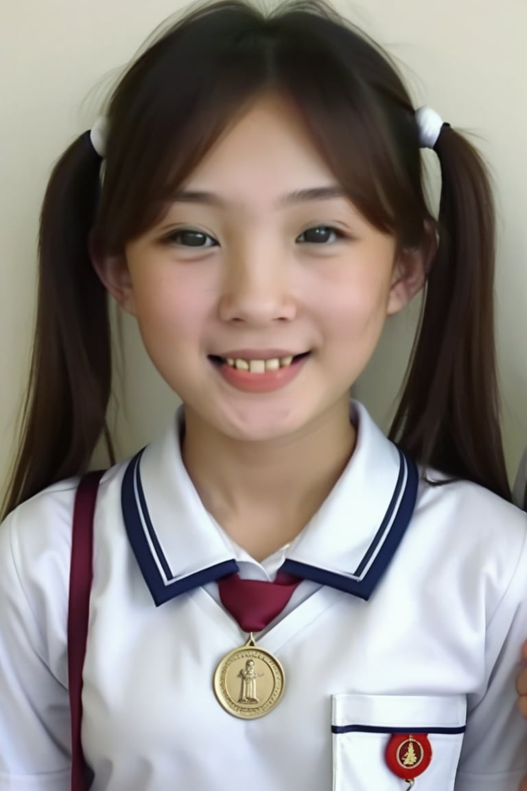 Alone, 1girl, full body shot front view of small skinny Asian girl wearing a white school uniform, school medals, close up, classroom, shy smile, crowd, more reasonable Details