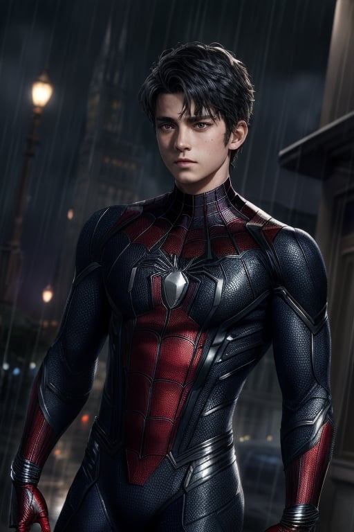 realistic, masterpiece, beautiful detail, hyperrealistic, 1girl, korean boy, on a building, rainy scenery, professional model of boy wears ultra - detailed black raimi spider - man suit, ultra - detailed and grained black raimi spiderman suit, suit covered entire body and hand, black spiderman gloves, wet, (lying), (full body), (dirty skin), muscular bodybuilder boy, close up, octane render, highly detailed, volumetric, dramatic lighting, (highest quality:1.1), (HDR:1.3), (top quality, best quality), realistic, high definition,