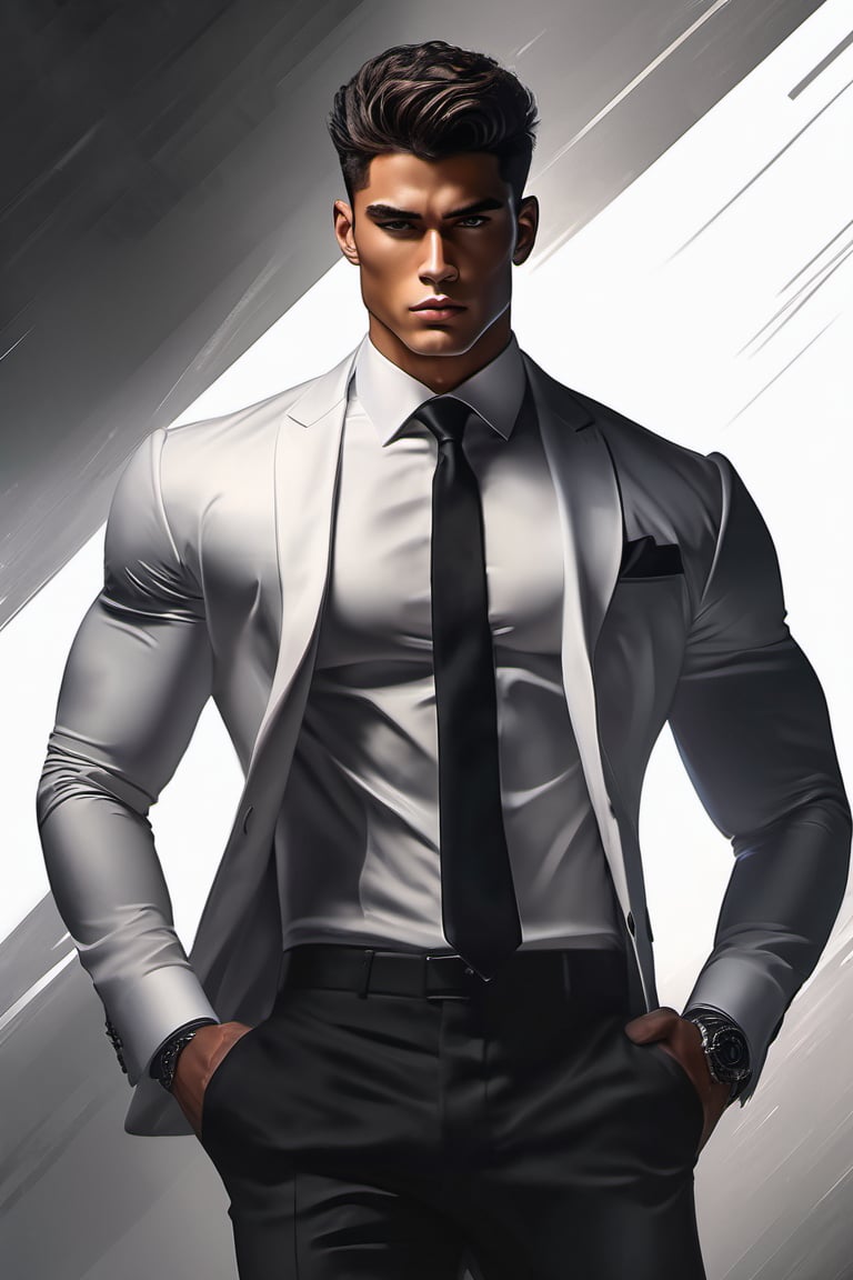 ((full body)) Handsome Young Man ((of 20yo)) in Black Suit_White Dress Shirt  (tall stature) muscular, large pecs, dull hair, dark lashes, arrogant face, moody, reserved, beautiful eyes, cinematic lighting, Hyperrealism, 8k 