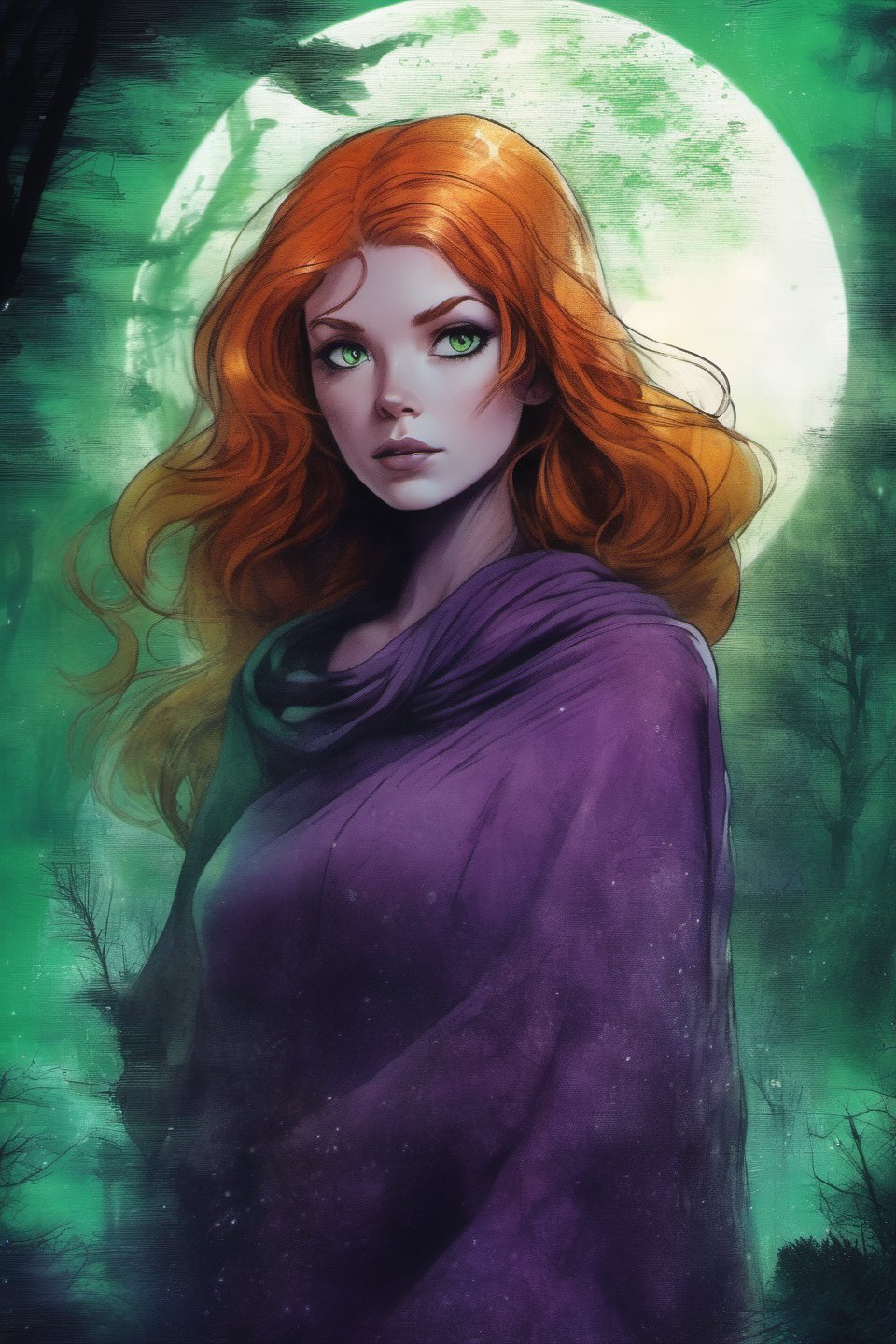 Daphne Blake, (Redhead green_eyes, beautiful_young_woman), (green scarf), (purple dress),  Scooby-Doo Where Are You!, extremely supernatural colours, Highly detailed, highly cinematic, close-up image of a deity of investigation, perfect composition, psychedelic colours, magical flowing mist, forest nature, silver_fullmoon, lots of details, ink, abstract,  metallic ink, beautifully lit, a fine art painting by drew struzan and karol bak, gothic art, dark and mysterious, ilya kuvshinov, russ mills, 
