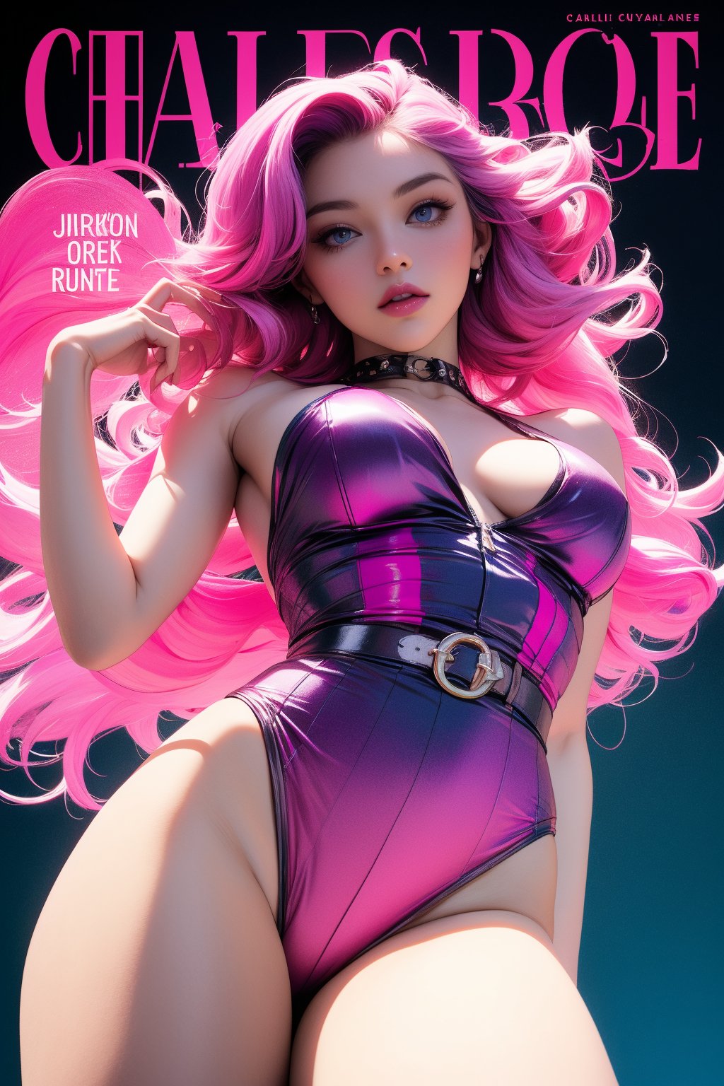 1girl, Charlie Kyrn, looking at viewer, thigh up body, punk-rock idol, styled outfit, on stage, professional lighting, red-orange-magenta-pink-blue-purple-fuchsia-cyan hair, different hairstyle, coloful, magazine cover, best quality, masterpiece,johyun,kmiu,Charlie Kyrn