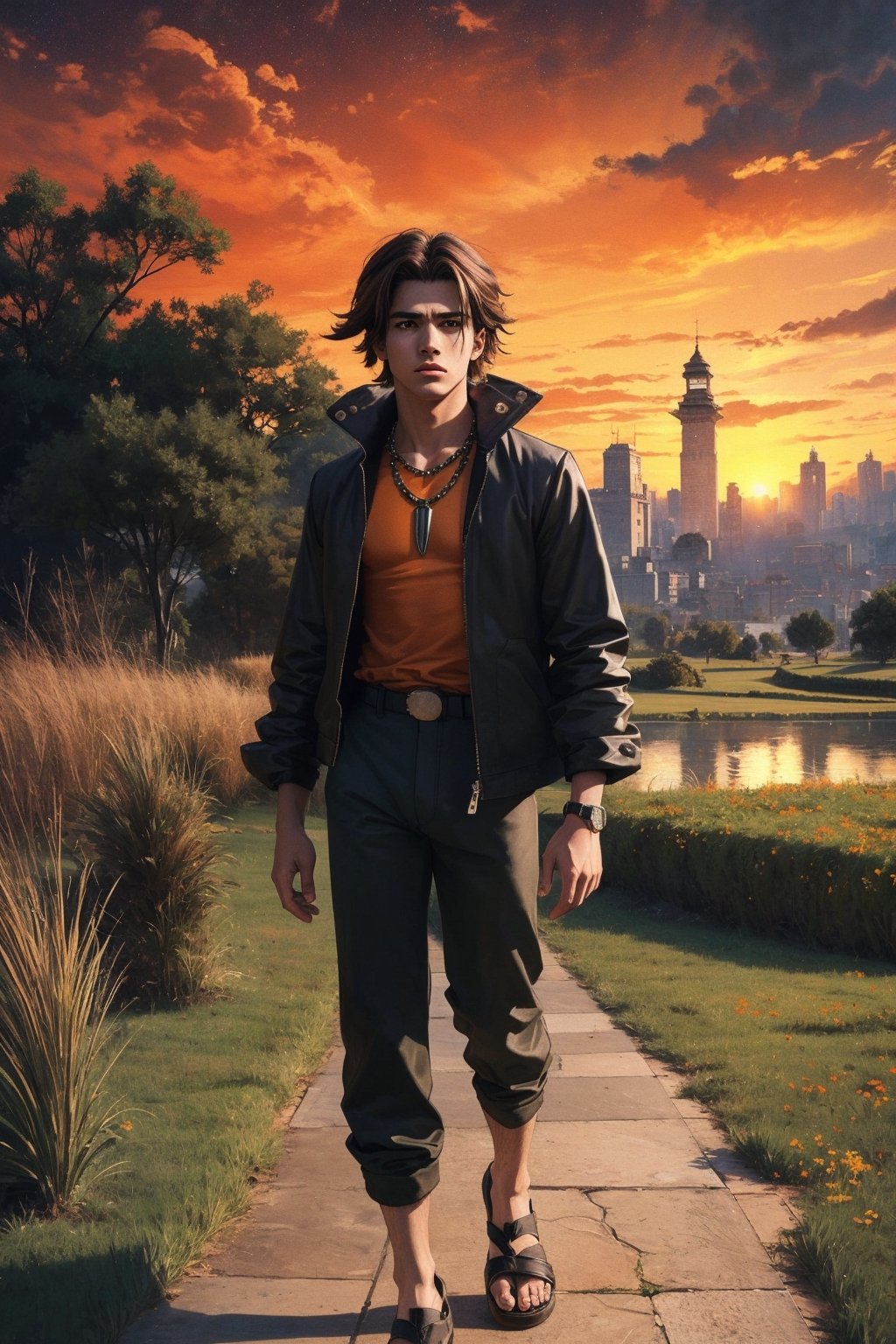 1boy, solo, yoh asakura, oil painting, impasto, looking at viewer, a handsome teenager boy, 16 years old, long brown hair, light_brown eyes, tribal necklace, urban outfit, baggy outfit, multicolor outfit, orange t-shirt, black jacket, psychedelic  landscape background, masterpiece, nijistyle, niji, ,sciamano240, soft shading, fantasy, yoh asakura