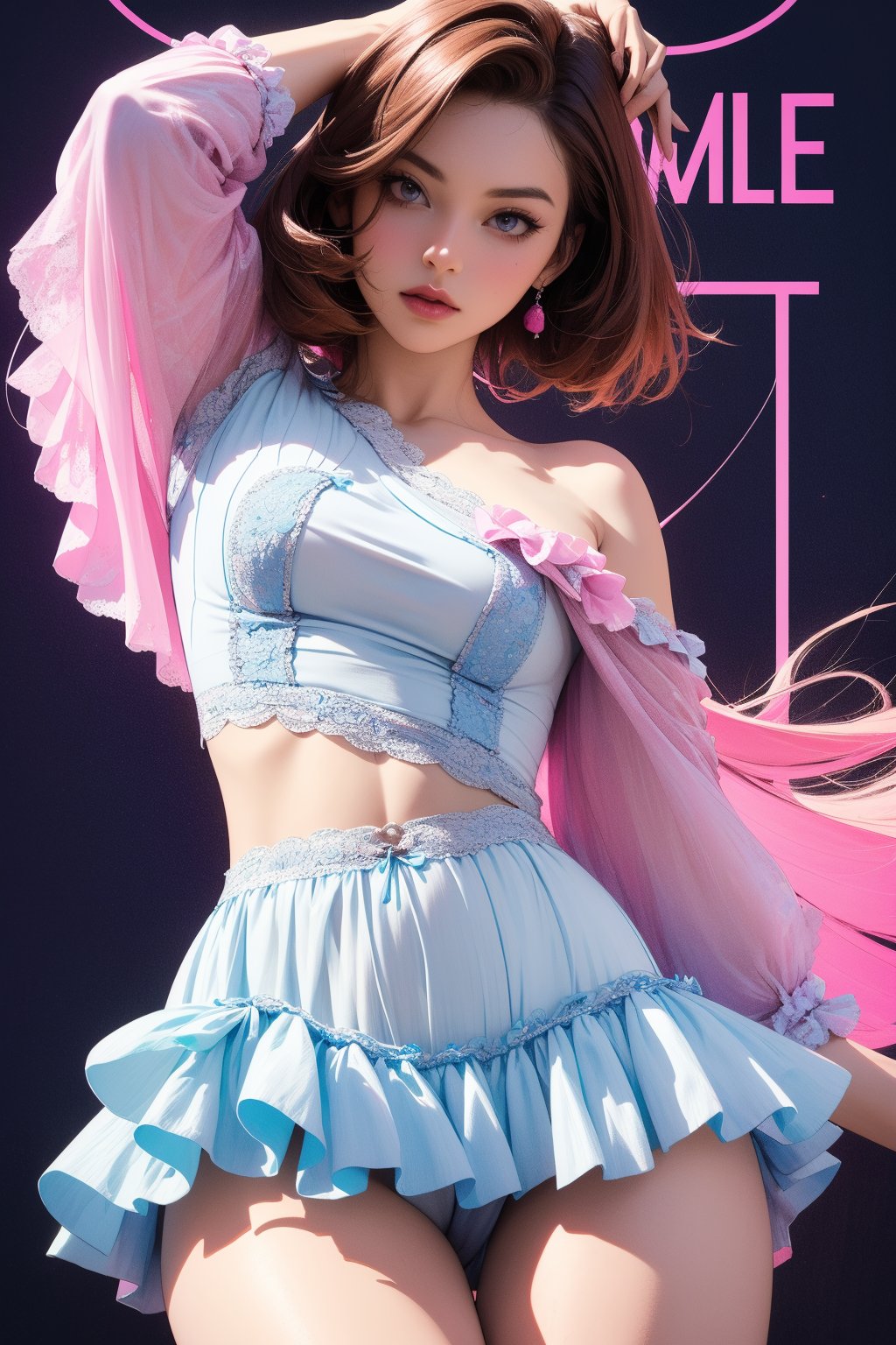 1girl, Charlie Kyrn, looking at viewer, thigh up body, soft_rock idol, styled outfit, on stage, professional lighting, red-orange-magenta-pink-blue-purple-fuchsia-cyan hair, different hairstyle, coloful, magazine cover, best quality, masterpiece,johyun,kmiu,Charlie Kyrn,Brown Hair