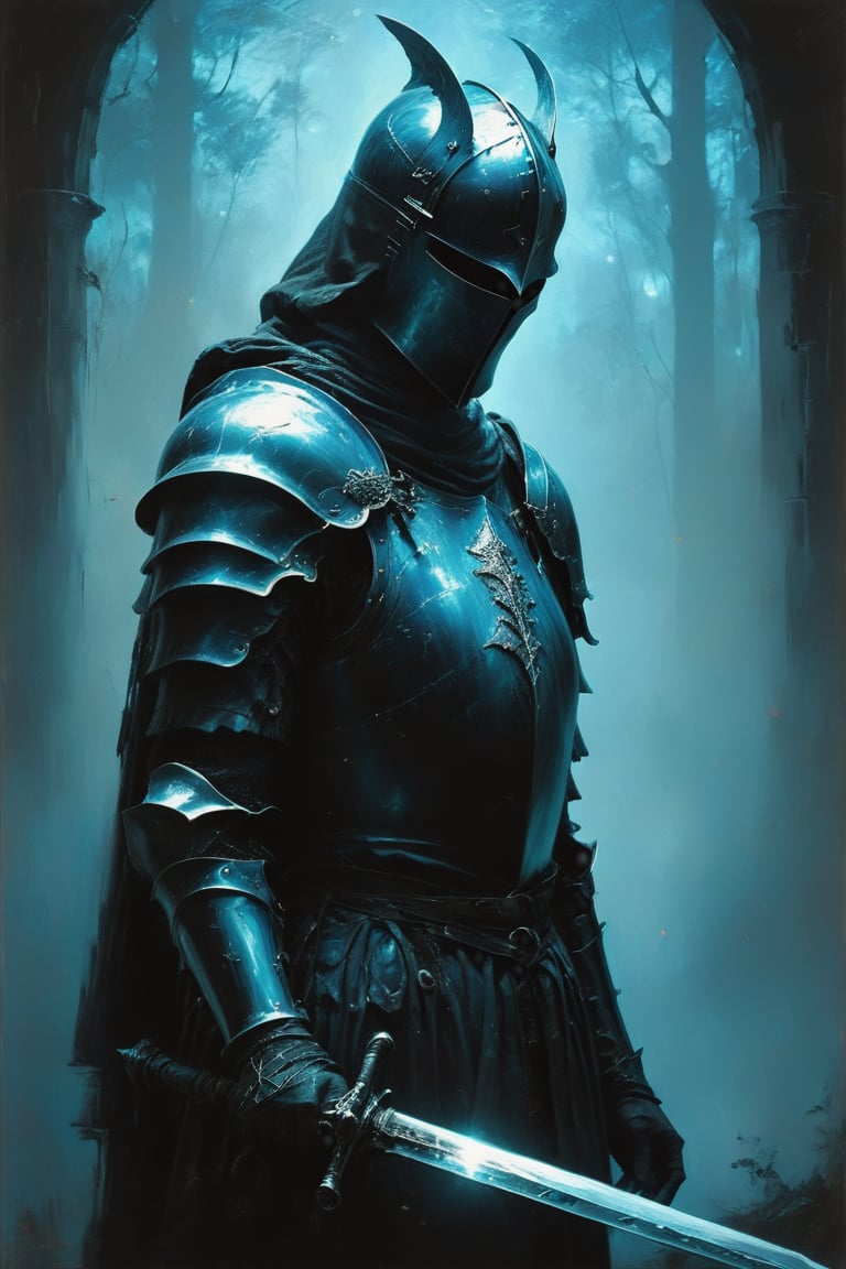 A sorrowful ebony-clad knight, his head bowed in reverence, clutches a shimmering sword aglow in ethereal azure light. The visage of the knight exudes an air of melancholy, his armor weathered yet still radiating strength. This stunning portrayal, most likely a painting, captures the knight's somber demeanor with detailed precision and expert use of contrasting colors. From the gleaming cyan of the sword to the matte black of the knight's armor, every aspect of the image showcases a masterful blend of light and shadow.