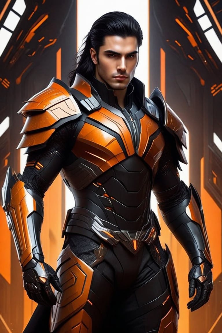 Sci-Fi. Fabio Valente is a human being, a handsome man of 23 years old, long black hair slicked back, light_brown eyes.  athletic build.  ((black armor)). He wears a futuristic and highly cybernetic black armor. orange ornaments. Iberian iconography. Inspired by the art of Destiny 2 and the style of Guardians of the Galaxy.