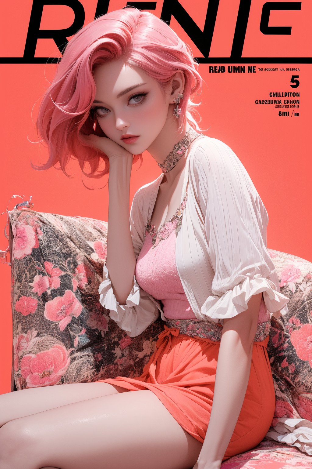 1girl, Charlie Kyrn, looking at viewer, thigh up body, punk-rockstar idol, styled outfit, on stage, professional lighting, red-orange-magenta-pink hair, different hairstyle, coloful, magazine cover, best quality, masterpiece,johyun,kmiu,Charlie Kyrn