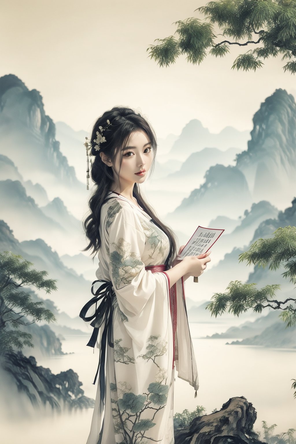 Beautiful woman is holding an unfolded scroll of Chinese landscape painting