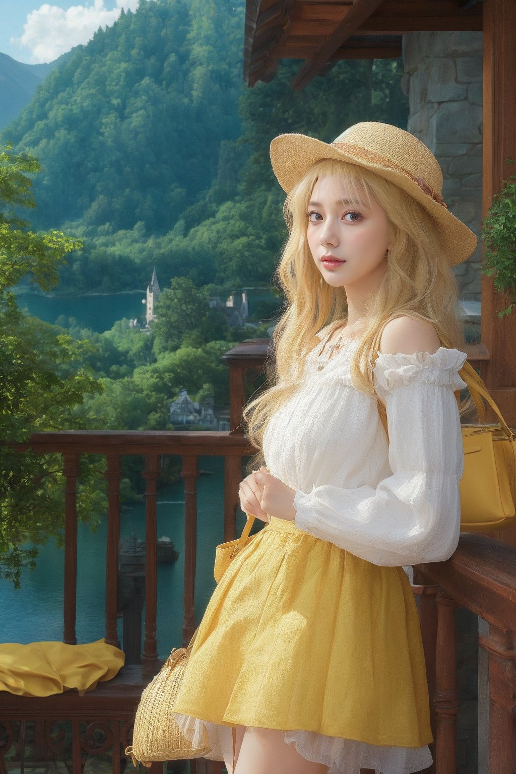 masterpiece,illustration,ray tracing,finely detailed,best detailed,Clear picture,intricate details,highlight,
anime,
gothic architecture,
looking at viewer,

nature,gothic architecture,bird,the lakeside in the heart of the forest,the staircase of the balcony,

NikkeRei,
1girl,loli,baby,long hair,hat,light blonde hair,
yellow bow,yellow bag,skirt,upper body,
NikkePenguin,Penguin,