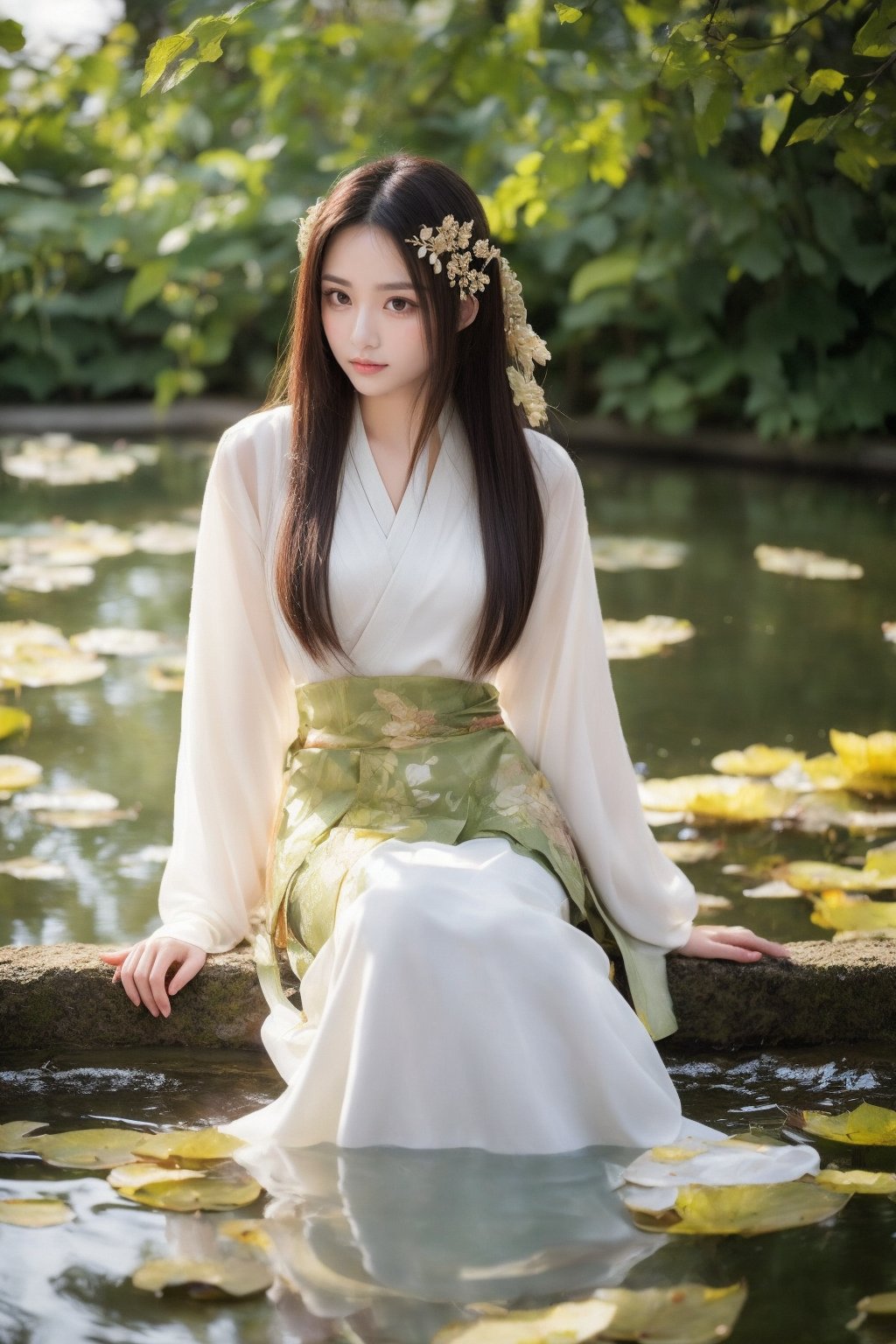 A beautiful woman in a white Hanfu dress sits on a lotus leaf, her flowing skirt and delicate face framed by hair cascading down to her waist. She is surrounded by large green leaves, against a soft yellow background, with gentle lighting creating a dreamy atmosphere. The photograph uses a wide-angle lens, presenting an elegant posture in the style of ancient Chinese art.