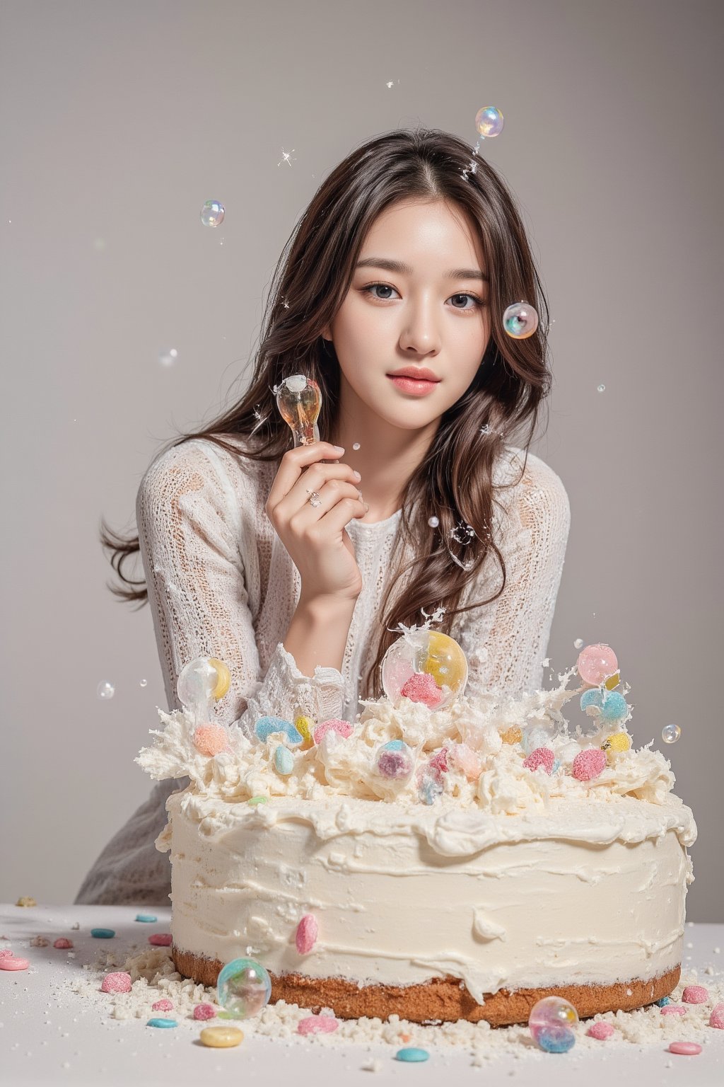 A beautiful 20-year-old girl fell on a cream cake, causing the cream to splash everywhere. When she lands, the air is filled with candies and bubbles floating around her. The scene is quirky and playful, with colorful candies and sparkling bubbles creating a magical, dreamlike atmosphere.