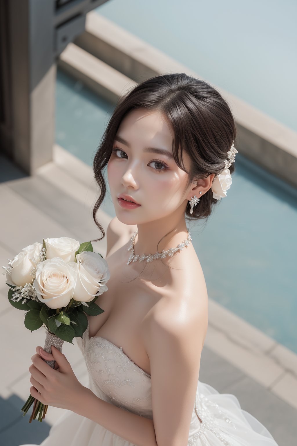 A stunning young Asian woman stands majestically in a strapless white wedding gown, neck adorned with delicate jewels and ears sparkling with subtle earrings. Her raven locks cascade down her shoulders, harmonizing with the bouquet of pristine white roses she cradles in her hands. Framed from a high angle, her figure is silhouetted against a blurred backdrop, creating a striking visual dichotomy between her radiant whiteness and the muted surroundings.