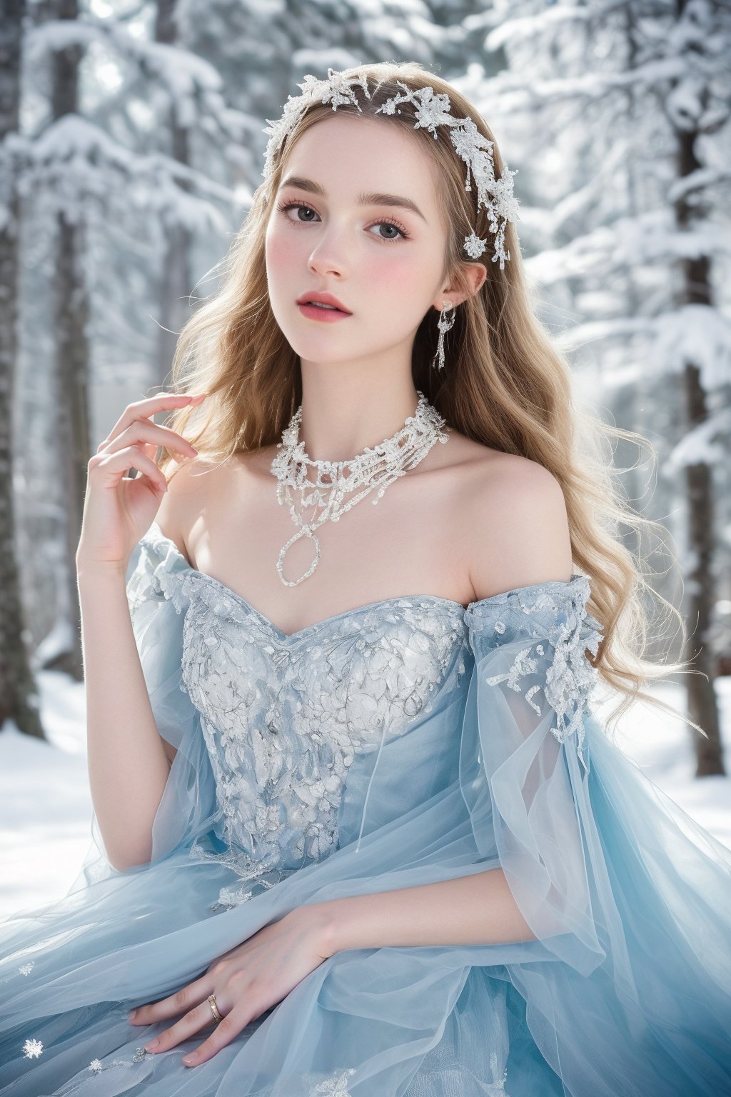 best quality, masterpiece, In the serene beauty of a snowy Russian forest, a girl with very long wavy blonde hair captures the essence of Rococo style with a contemporary twist. Adorned with lavish jewelry that mirrors the crystalline snowflakes around her, she wears the latest fashion trends that pay homage to Russia's rich heritage. The picturesque setting, a testament to Russia's natural splendor, serves as the perfect canvas for her striking appearance, blending timeless elegance with modern flair to create a breathtaking vision of beauty and grace. ultra realistic illustration,siena natural ratio, by Ai Pic 3D, cinematic lighting, ambient lighting, sidelighting, cinematic shot, head to thigh portrait, digital art, ultra hd, realistic, vivid colors, extremely detailed, photography, ultra hd, realistic, vivid colors, highly detailed, UHD, perfect composition, beautiful detailed intricate insanely detailed octane render trending on artstation, 8k artistic photography, photorealistic concept art, soft natural volumetric cinematic perfect light.(Emma Watson:0.8),1 girl,beaded flower decoration,future0603