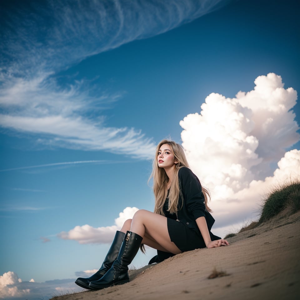 1girl, solo, long hair, blonde hair, boots, sky, day, cloud, scenery