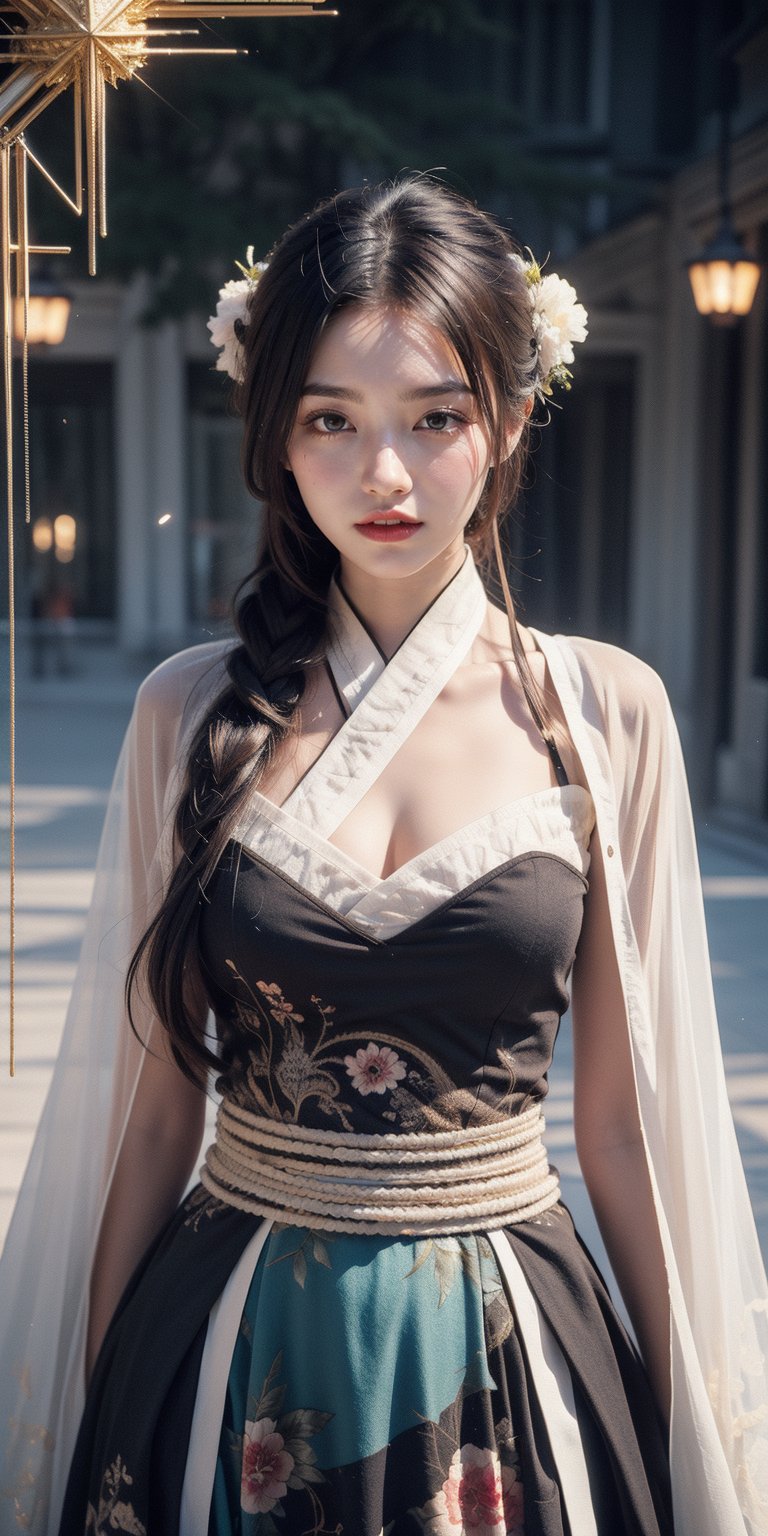 (masterpiece, top quality, best quality, official art, beautiful and aesthetic:1.2), (1girl), extreme detailed,(abstract, fractal art:1.3),highest detailed, detailed_eyes, light_particles, hanfu,jewelry, sexy, ,red,1girl,smile