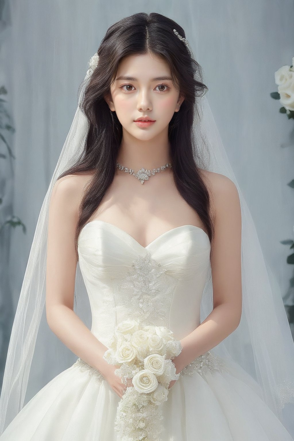 A stunning young Asian woman stands majestically in a strapless white wedding gown, neck adorned with delicate jewels and ears sparkling with subtle earrings. Her raven locks cascade down her shoulders, harmonizing with the bouquet of pristine white roses she cradles in her hands. Framed from a high angle, her figure is silhouetted against a blurred backdrop, creating a striking visual dichotomy between her radiant whiteness and the muted surroundings.