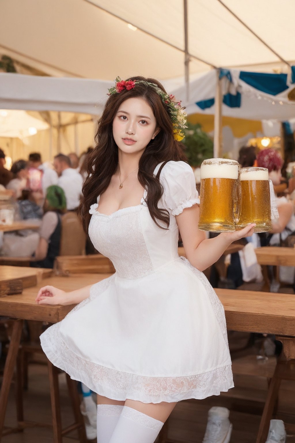  long brown hair styled in an updo with loose tendrils, happy and radiant smile, wearing a traditional Bavarian dirndl dress with a floral corset and apron, white stockings and black leather shoes with decorative buckles. Set in a vibrant Oktoberfest beer tent, she holds a large beer mug filled to the brim with frothy golden beer, other mugs also overflowing with beer on the wooden table in front of her. The festive environment includes colorful streamers and traditional decorations hanging from the ceiling, with midday sunlight streaming in, casting a warm, cheerful glow. The scene captures the joyous crowd and the atmosphere of celebration, wide-angle lens to emphasize the open space filled with revelers, high-end photography equipment."