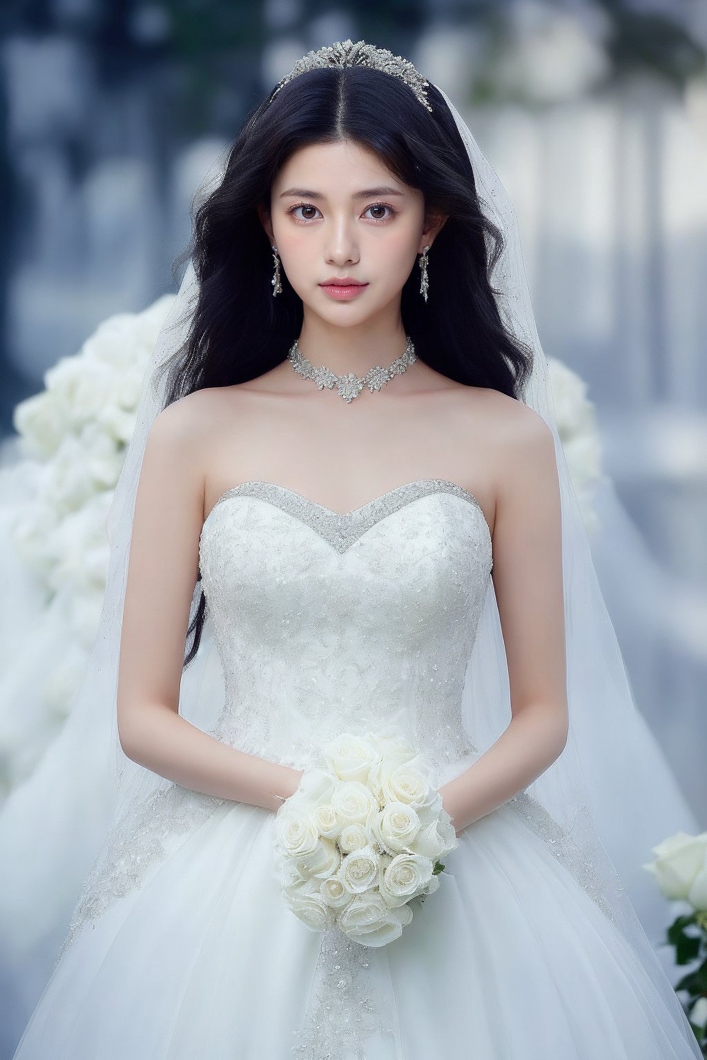 A stunning young Asian woman stands majestically in a strapless white wedding gown, neck adorned with delicate jewels and ears sparkling with subtle earrings. Her raven locks cascade down her shoulders, harmonizing with the bouquet of pristine white roses she cradles in her hands. Framed from a high angle, her figure is silhouetted against a blurred backdrop, creating a striking visual dichotomy between her radiant whiteness and the muted surroundings.