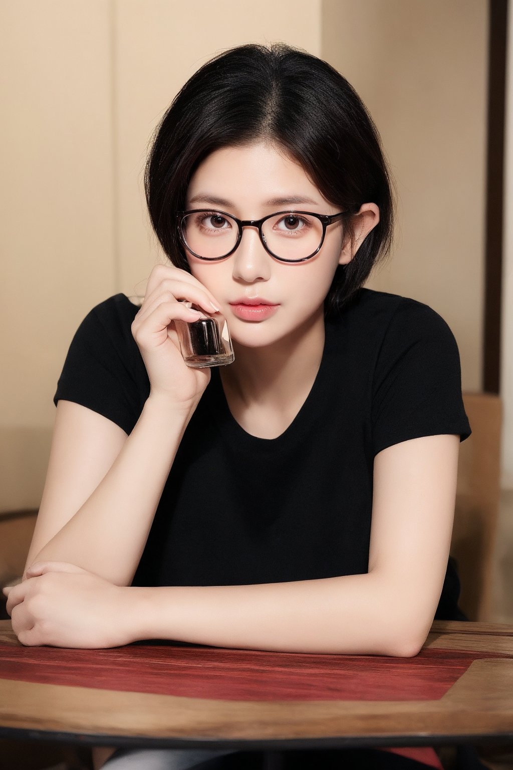 1girl, solo, looking at viewer, short hair, shirt, black hair, holding, sitting, short sleeves, glasses, indoors, black eyes, cup, lips, gun, black shirt, table, drinking glass, realistic