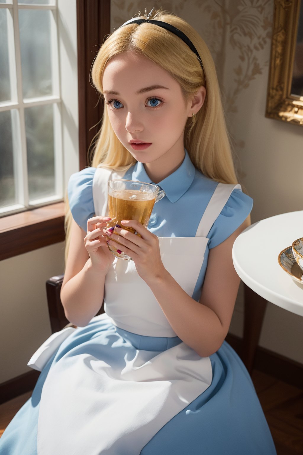 A beautiful, detailed illustration of a young blonde girl with blue eyes wearing a light blue dress with a white apron. She is sitting at a fancy tea table, delicately holding a teacup with both hands. The girl has a thoughtful expression as she sips from the cup. She is adorned with a large blue bow in her hair, and the background features an elegant, golden mirror and ornate decorations, evoking a whimsic, (Emma Watson: 0.8),