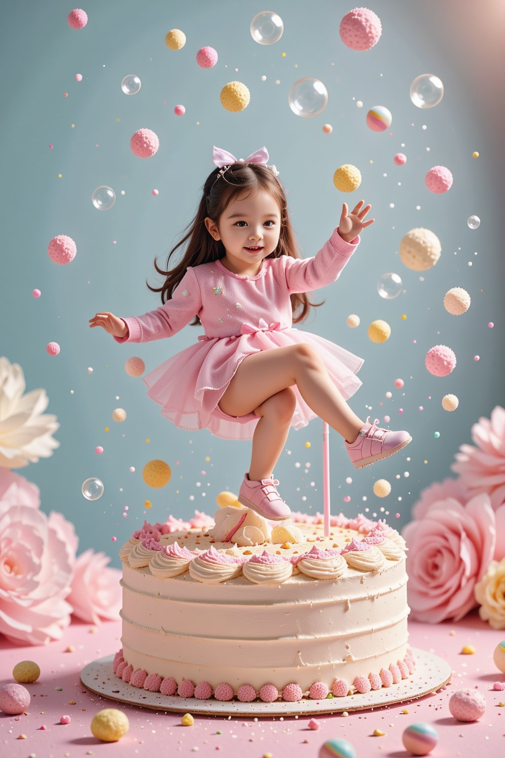 A girl falls onto a cream cake, causing the cream to splatter everywhere. As she lands, an explosion of candies and bubbles fills the air, floating all around her. The scene is whimsical and playful, with colorful sweets and shimmering bubbles creating a magical, dream-like atmosphere.