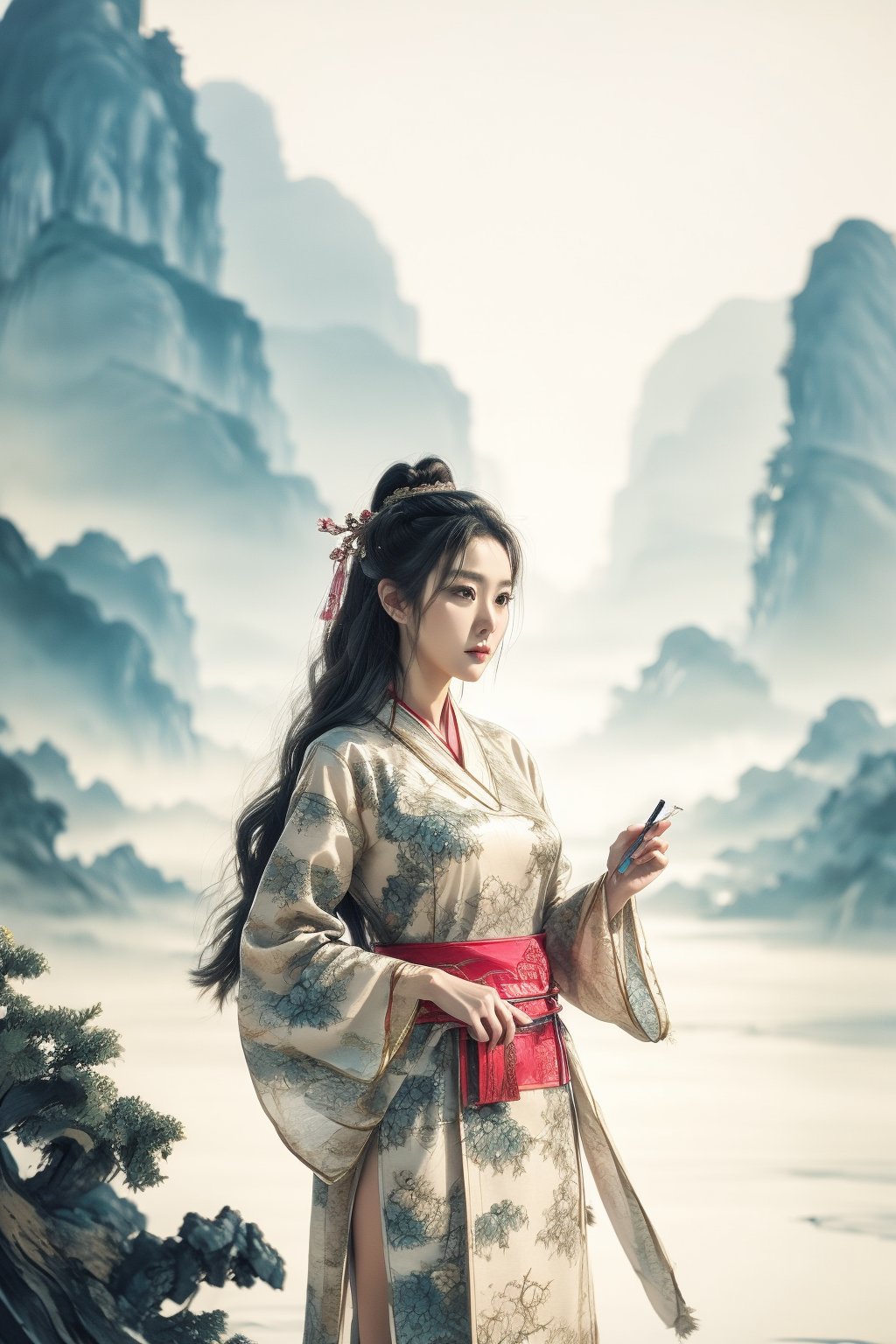  The heroine of the Chinese costume drama "Mo Yu Yun Jian" holds a landscape painting, unfolds the scroll, and watches