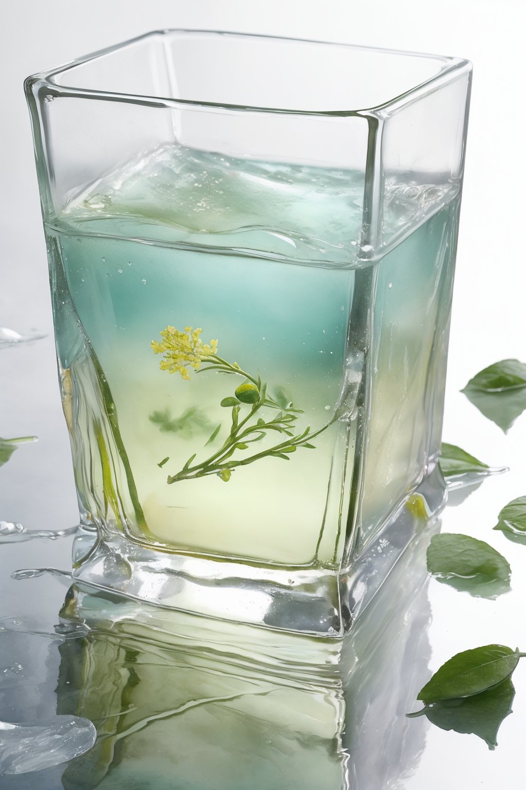 A girl wearing summer clothes is standing with a transparent glass shining in the background. A square ice cube covered with jasmine flowers falls into the clear green tea. Water splashes instantly. The background is bright, fresh and cool. A close-up of the ice cube is in focus.
3 point perspective composition,
(Emma Watson:0.8),
,watercolor