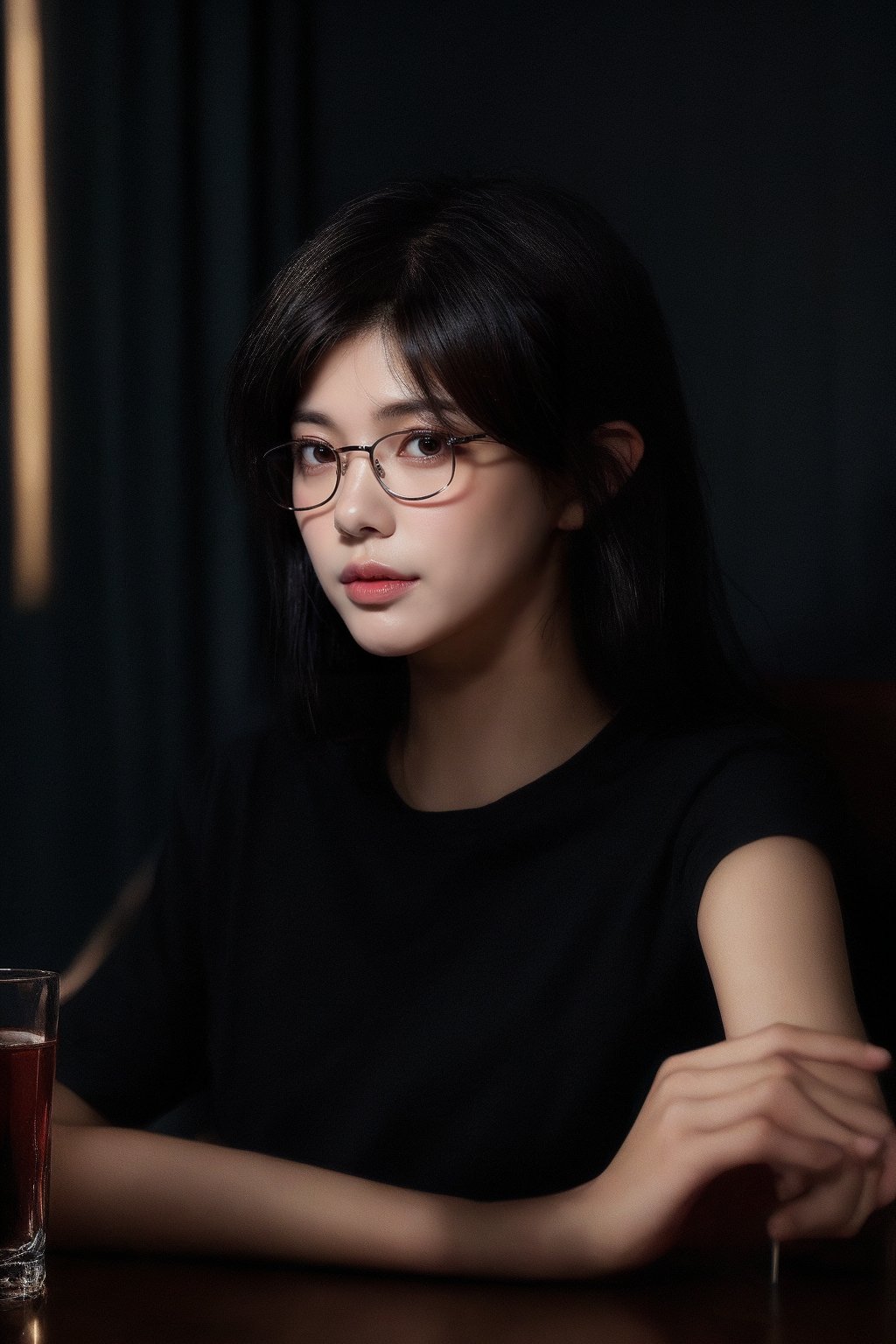 1girl, solo, looking at viewer, short hair, shirt, black hair, holding, sitting, short sleeves, glasses, indoors, black eyes, cup, lips, gun, black shirt, table, drinking glass, realistic