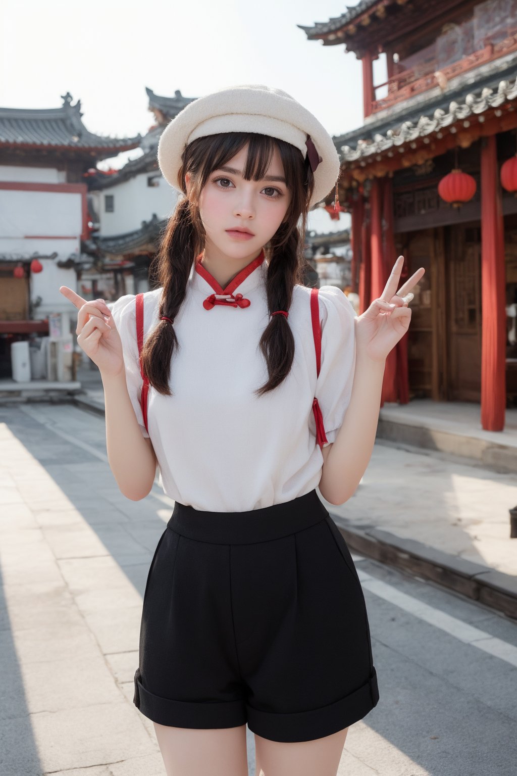 hutaornd, masterpiece, best quality, 1girl, hu tao (genshin impact), boo tao,hat, red eyes, twintails, brown hair, solo, symbol-shaped pupils, long hair,bangs, black shorts , chinese clothes, flat_chest, Standing in a picturesque Chinese village. With a mischievous expression on his face, Hu Tao raises one hand in a gesture of greeting, while with the other hand he makes a playful gesture, as if he is up to something. His mischievous smile and mischievous look reflect his playful and energetic personality. The atmosphere of the Chinese village is reflected in the details of the pagoda roofs and hanging lanterns that decorate the cityscape.
,incredibly absurdres