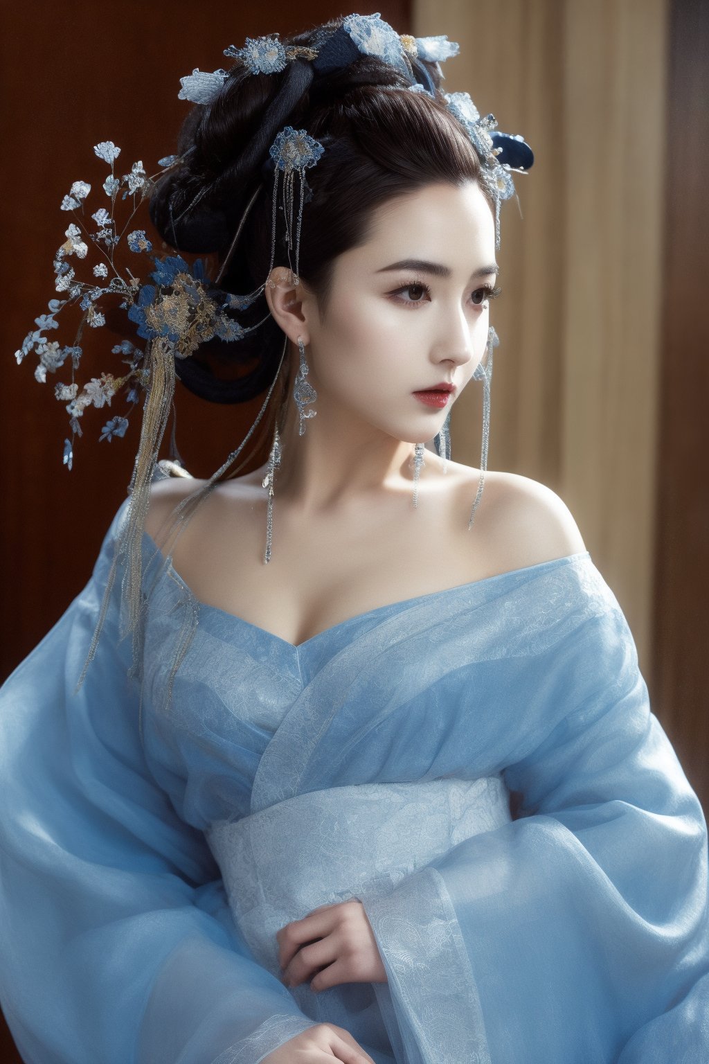 A woman wearing Tang Dynasty costume, holding a fan and wearing a high bun,32k,(Emma Watson: 0.8),,