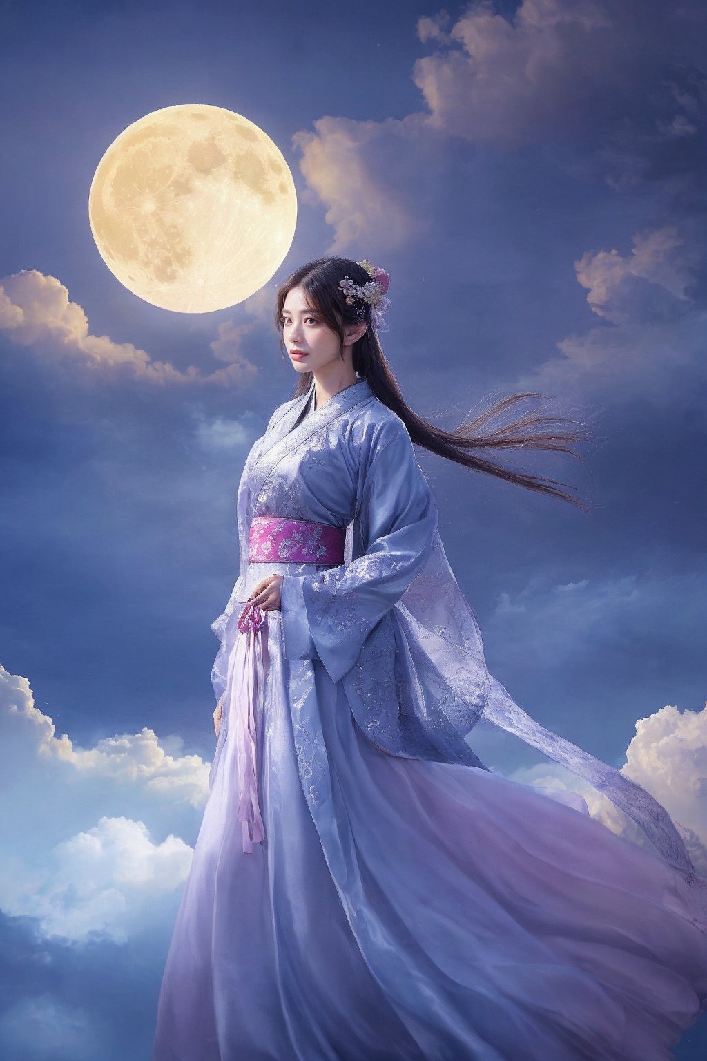 A beautiful and ethereal depiction of the Chinese moon goddess Chang'e, dressed in flowing traditional garments, standing gracefully under a glowing full moon. Her elegant robes billow softly in the air, creating a sense of fluidity and movement. The moon, large and luminous, serves as the background, while delicate clouds swirl around her. The atmosphere is mystical and serene, with cool, soft tones and intricate details in the textures of her attire. The scene exudes a tranquil and otherworldly beauty, capturing the essence of the moon goddess in a dreamlike setting.