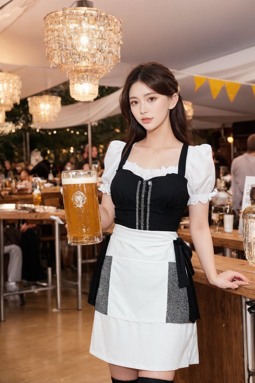 4k resolution, most beautiful korean girl, Korean beauty model, idol face, gorgeous girl, over sized eyes, (20 years old), (false eyelashes:1.4), ear, long brown hair styled in an updo with loose tendrils, happy and radiant smile, wearing a traditional Bavarian dirndl dress with a floral corset and apron, white stockings and black leather shoes with decorative buckles. Set in a vibrant Oktoberfest beer tent, she holds a large beer mug filled to the brim with frothy golden beer, other mugs also overflowing with beer on the wooden table in front of her. The festive environment includes colorful streamers and traditional decorations hanging from the ceiling, with midday sunlight streaming in, casting a warm, cheerful glow. The scene captures the joyous crowd and the atmosphere of celebration, wide-angle lens to emphasize the open space filled with revelers, high-end photography equipment."