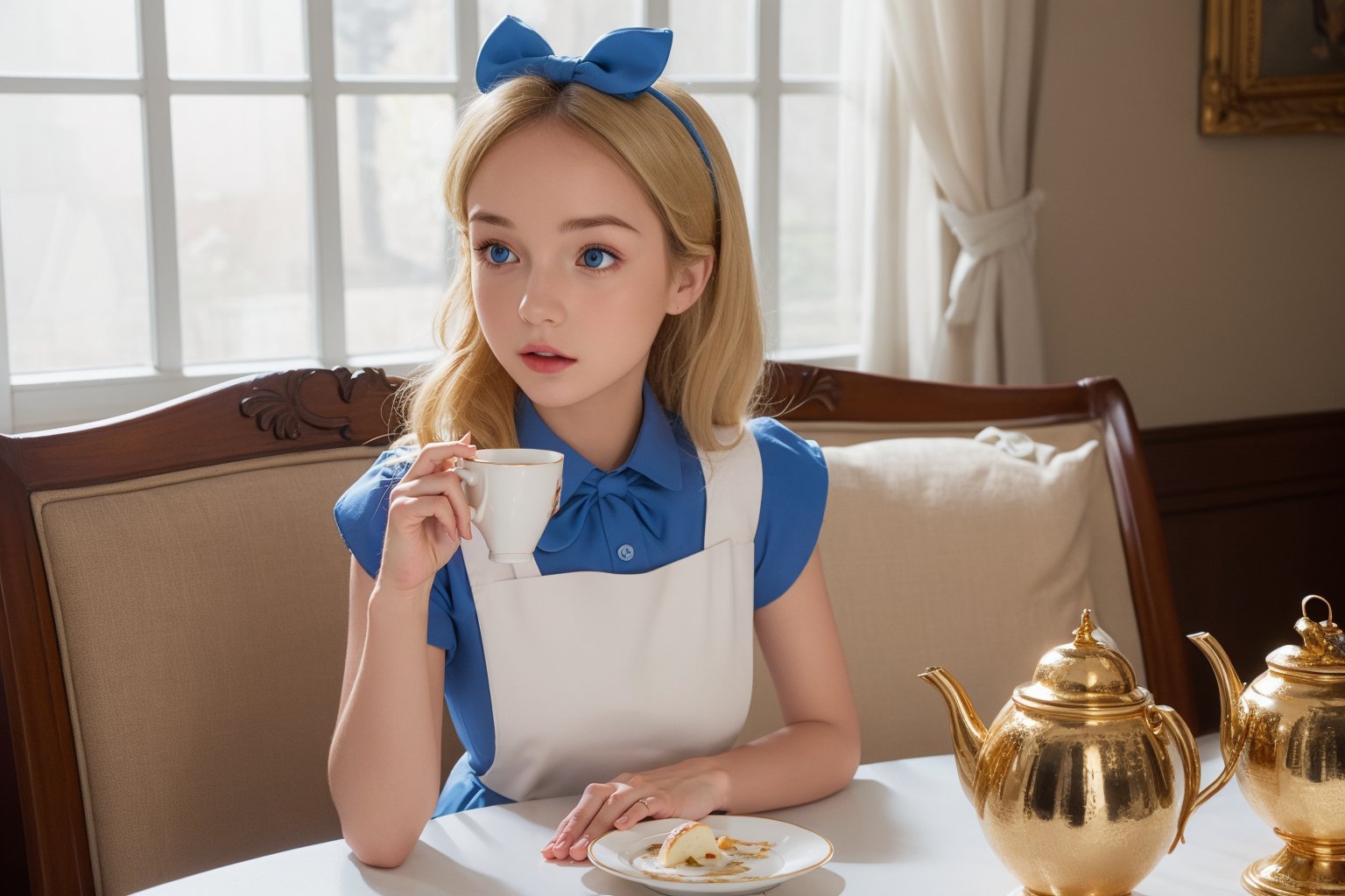 A beautiful, detailed illustration of a young blonde girl with blue eyes wearing a light blue dress with a white apron. She is sitting at a fancy tea table, delicately holding a teacup with both hands. The girl has a thoughtful expression as she sips from the cup. She is adorned with a large blue bow in her hair, and the background features an elegant, golden mirror and ornate decorations, evoking a whimsic, (Emma Watson: 0.8),