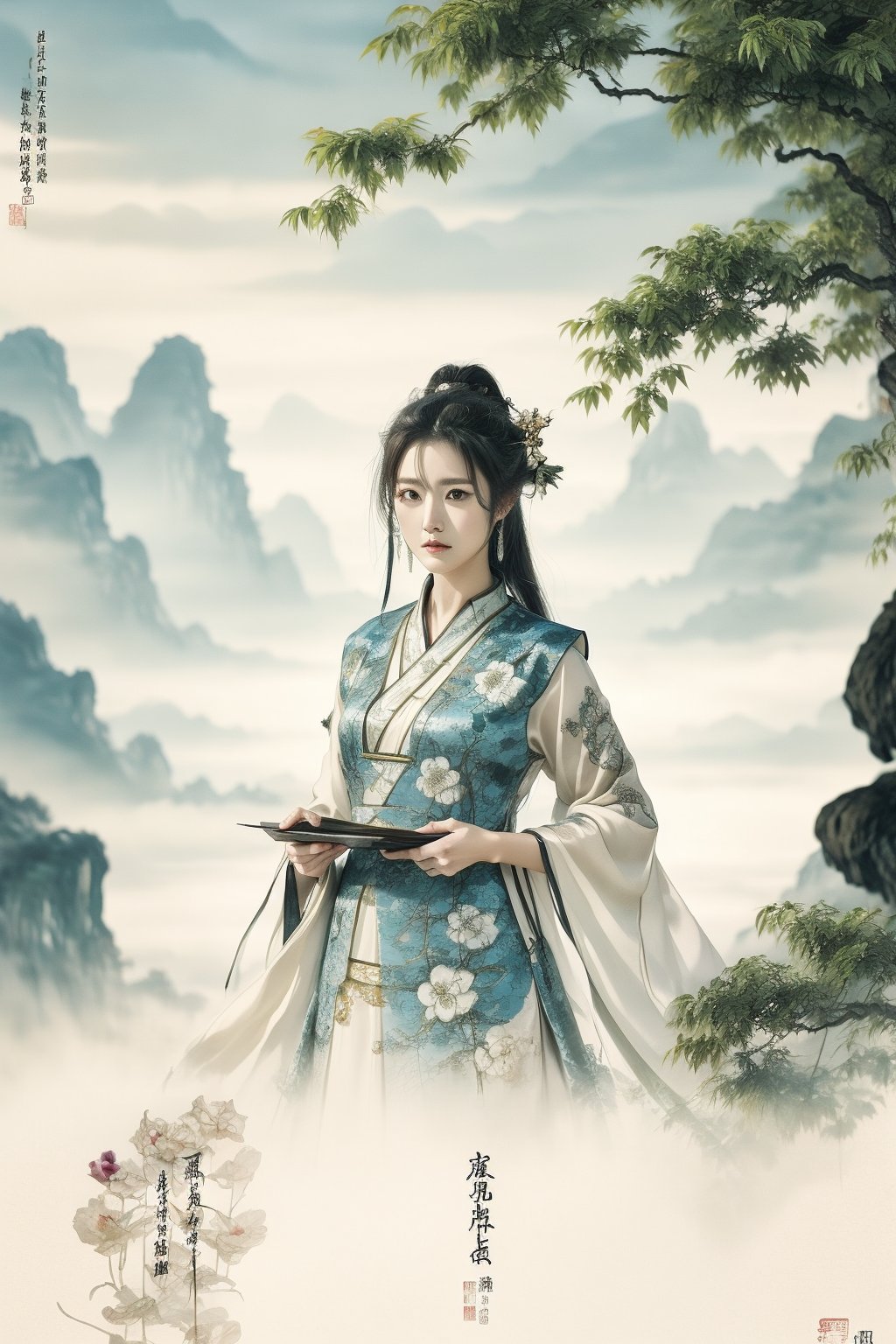  The heroine of the Chinese costume drama "Mo Yu Yun Jian" holds a landscape painting, unfolds the scroll, and watches