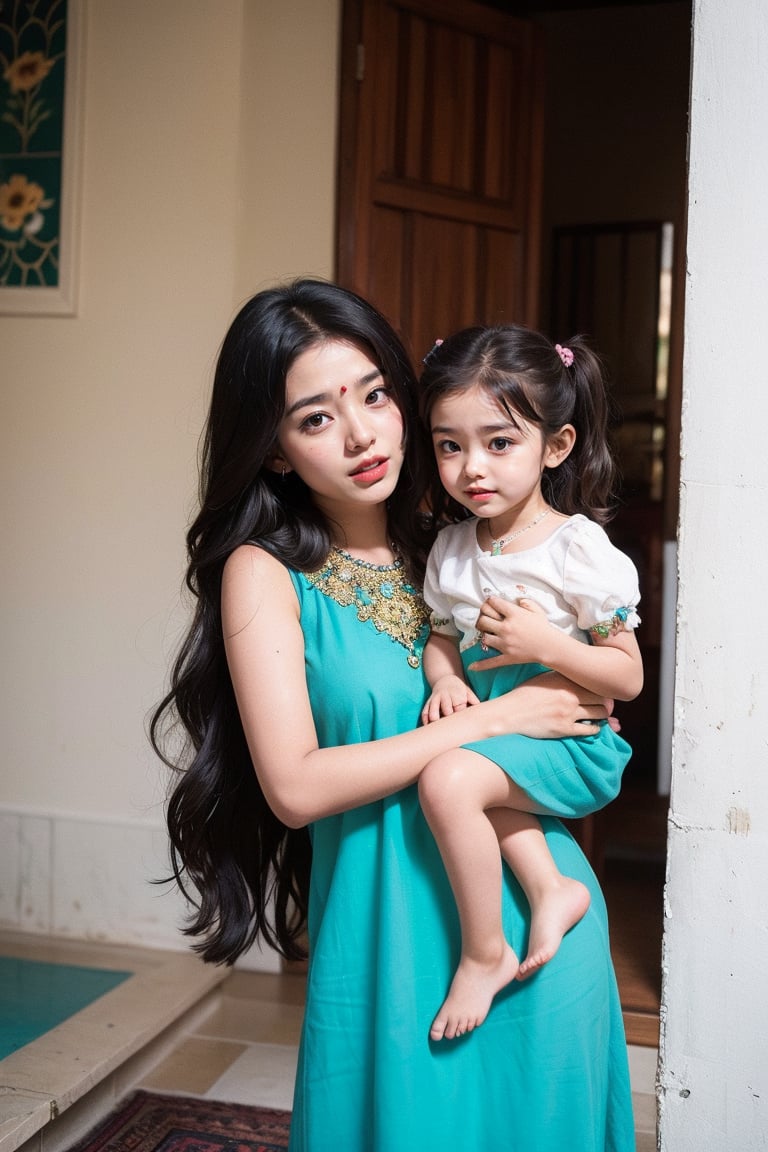 same face aria name girl, head to toe, round face, Indian bengali girl, Instagram influencer, black long hair, glossy juicy lips,blue eyes cute,  18-year-old girl, wearing yellow punjabi dress,( playing with small cute 5 years old another cute girl at home, very cute girl sweet and innocent girl )