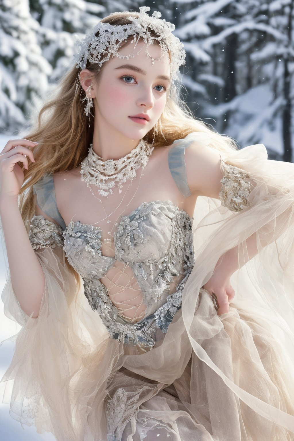 best quality, masterpiece, In the serene beauty of a snowy Russian forest, a girl with very long wavy blonde hair captures the essence of Rococo style with a contemporary twist. Adorned with lavish jewelry that mirrors the crystalline snowflakes around her, she wears the latest fashion trends that pay homage to Russia's rich heritage. The picturesque setting, a testament to Russia's natural splendor, serves as the perfect canvas for her striking appearance, blending timeless elegance with modern flair to create a breathtaking vision of beauty and grace. ultra realistic illustration,siena natural ratio, by Ai Pic 3D, cinematic lighting, ambient lighting, sidelighting, cinematic shot, head to thigh portrait, digital art, ultra hd, realistic, vivid colors, extremely detailed, photography, ultra hd, realistic, vivid colors, highly detailed, UHD, perfect composition, beautiful detailed intricate insanely detailed octane render trending on artstation, 8k artistic photography, photorealistic concept art, soft natural volumetric cinematic perfect light.(Emma Watson:0.8),1 girl,beaded flower decoration,future0603