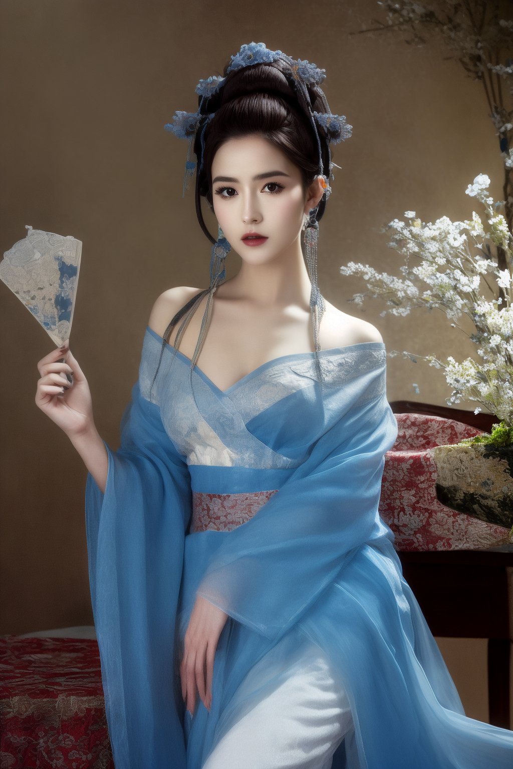 A woman wearing Tang Dynasty costume, holding a fan and wearing a high bun,32k,(Emma Watson: 0.8),