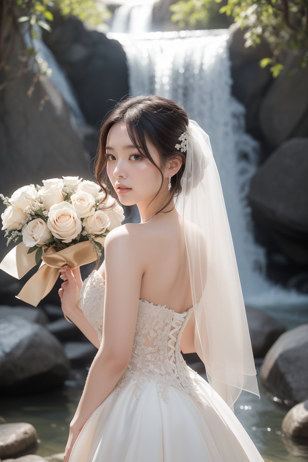 A stunning Asian woman stands radiant in a strapless wedding gown, its whiteness illuminated by soft, golden light. She cradles a bouquet of pure white roses, their delicate petals framing her porcelain skin. Her dark hair cascades down her shoulders, a waterfall of silk and mystery. The blurred backdrop creates a striking contrast with the dress's brilliance, drawing attention to the subject's ethereal beauty.